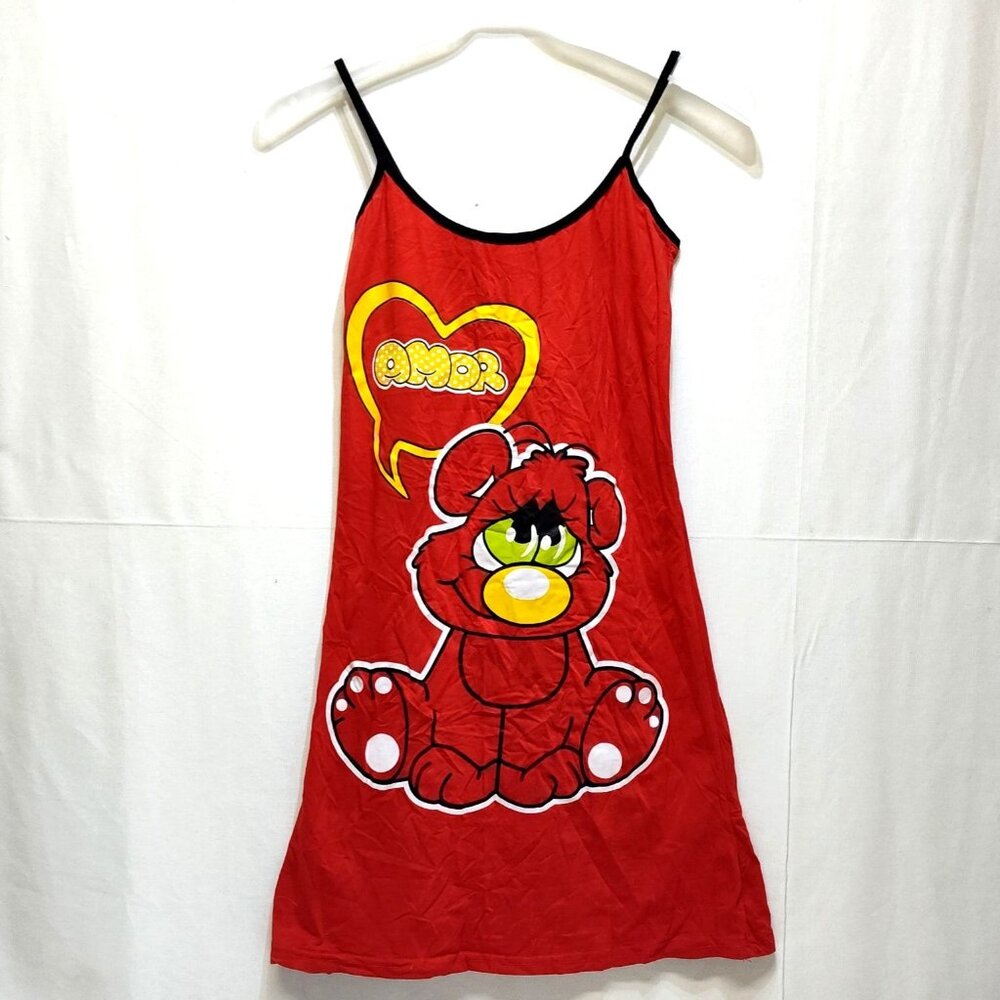 Nicoletta Amor Nightgown Size Large Red Cartoon Bear w/ Black Straps 90% Cotton